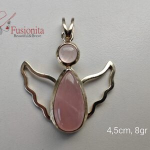 Hõbeingel kulon, peaks väikene ümmargune ja kehaks suurem tilga kujuline roosa kvarts