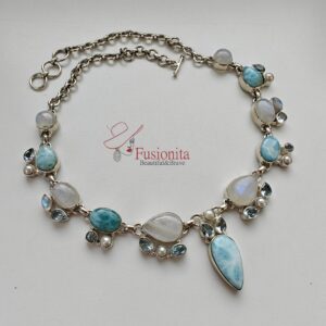 Larimar, kuukivi, helesinine topaas, hõbe - kaelakee
