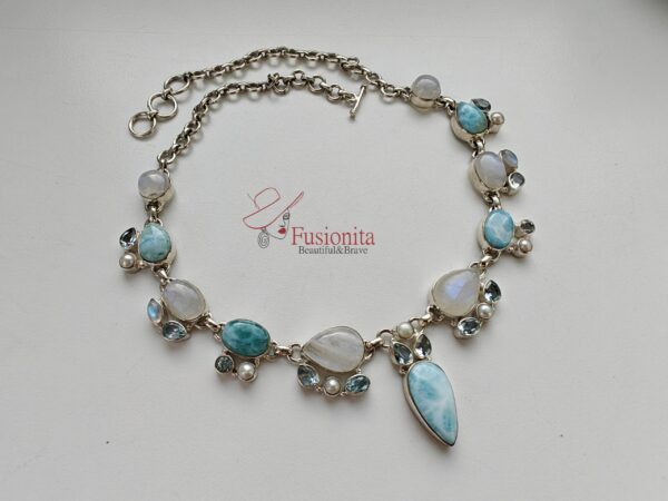Larimar, kuukivi, helesinine topaas, hõbe - kaelakee