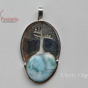 Hõbedast ovaalne medaljon, kus on väljalõikena puu kujutis ja selle all ebakorrapärase kujuga larimari kivi